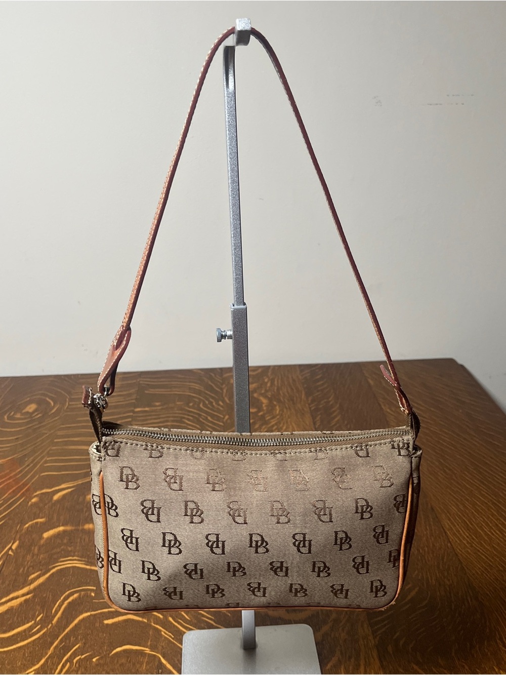Dooney & Bourke Beige DB Monogram Jacquard Shoulder Bag with Tan Strap
